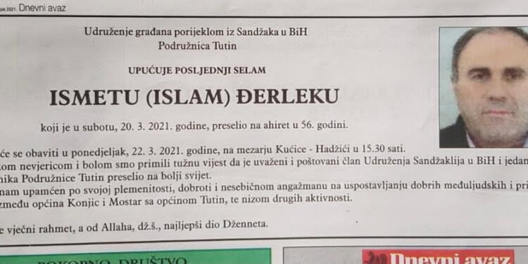 Posljednji selam rahmetli Iketu Đerleku u Dnevnom Avazu uputilo je Udruženje sandžaklija u BiH