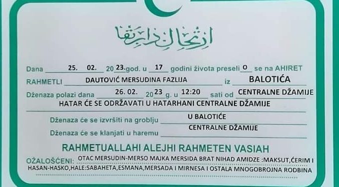 Objavljeno mjesto i vrijeme dženaze stradalom D.F. iz Balotića kod Rožaja