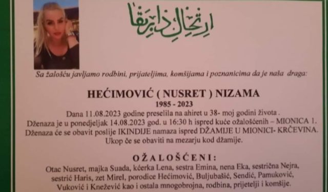 Danas dženaza  tragično stradaloj Nizami iz Gradačca