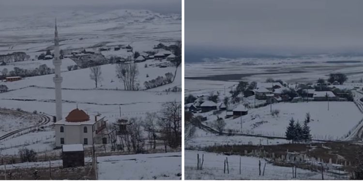 Prelijepa slika sela Braćak sa džamijom, prekriveni prvim snijegom