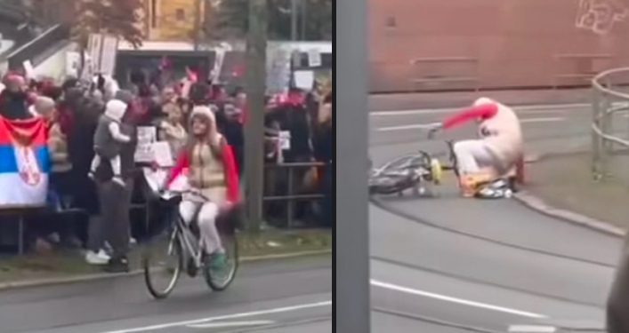 Provokacija pored studenata na protestu: “Živeo Vučić”, pa pala sa bicikla