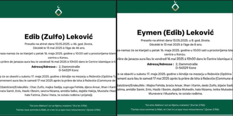 Dženaza Edibu Lekoviću i Eymenu: Posljednji ispraćaj u Konzu a u subotu ukop u Reževićima
