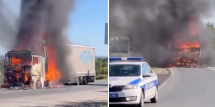 Zapalio se kamion na Ibarskoj magistrali kod Stepojevca VIDEO