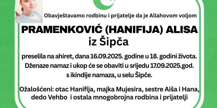 Pešter u suzama: Preminula 18-godišnja Alisa Pramenković iz sela Šipče kod Tutina
