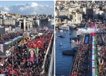 Masovni marš podrške Palestini na Galata mostu u Istanbulu, nakon sabah-namaza