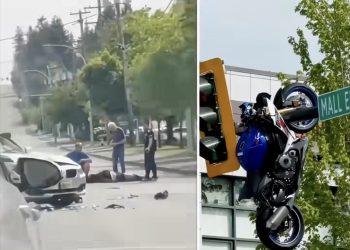 Strašan sudar motora i auta u Kanadi: Motor završio zakačen na semaforu VIDEO