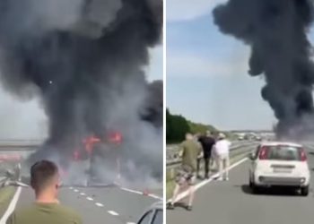 Strašni prizori na auto-putu nakon sudara dva šlepera, kada je jedan u potpunosti izgorio VIDEO