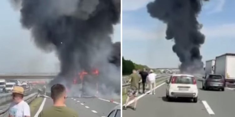 Strašni prizori na auto-putu nakon sudara dva šlepera, kada je jedan u potpunosti izgorio VIDEO