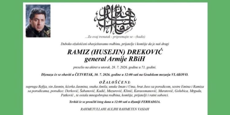 Poznat termin dženaze generalu Armije RBiH Ramizu Drekoviću, organizovan odlazak iz Sandžaka